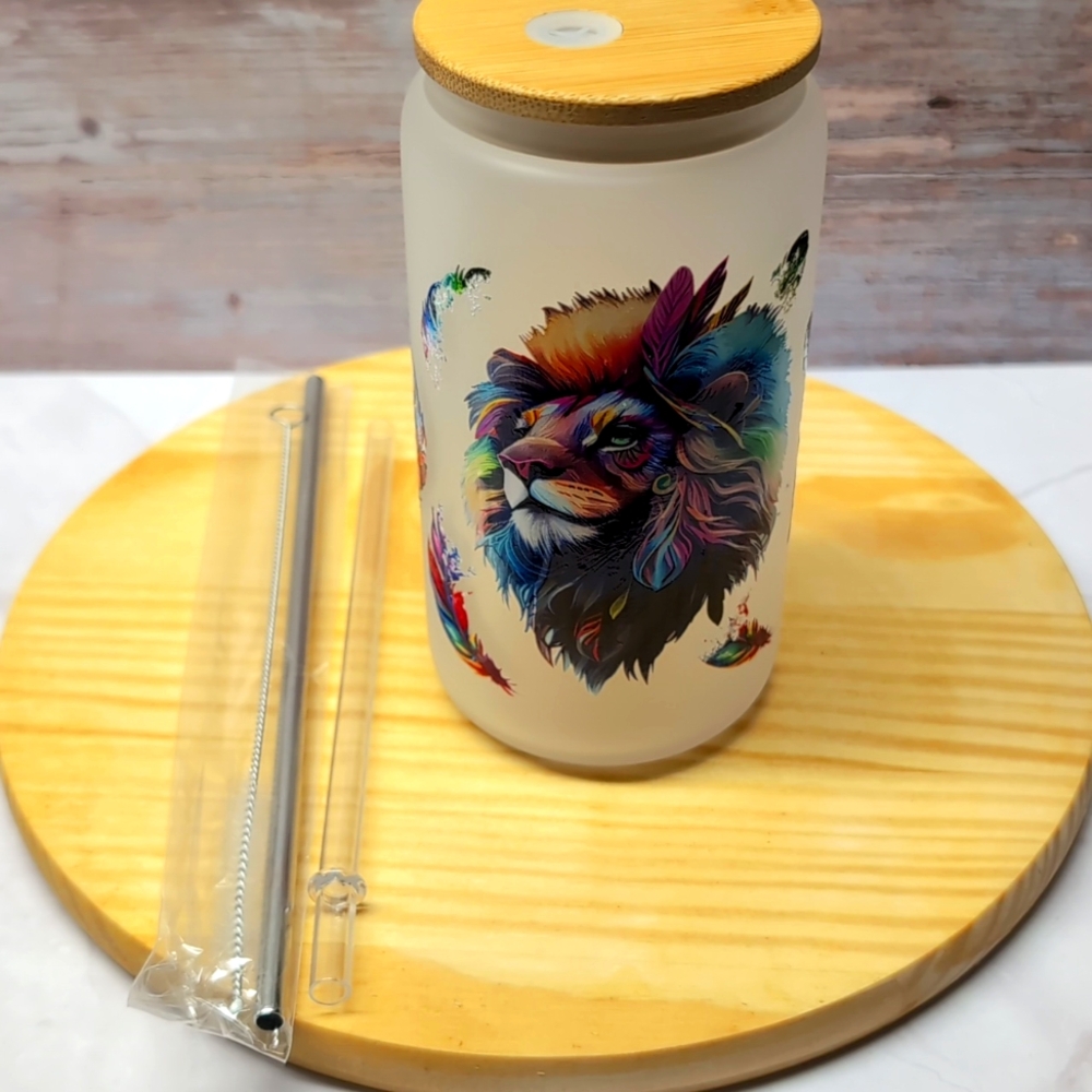 16oz frosted glass tumbler with multi color Lion and feather design